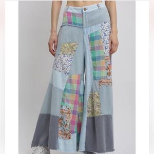 BlueVelvet Multi Contrast Patchwork Pants in Sky Blue-Mint